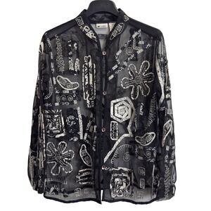 Units‎ Sheer Mesh Embroidered Applique Button Up Shirt Black White Art To Wear L